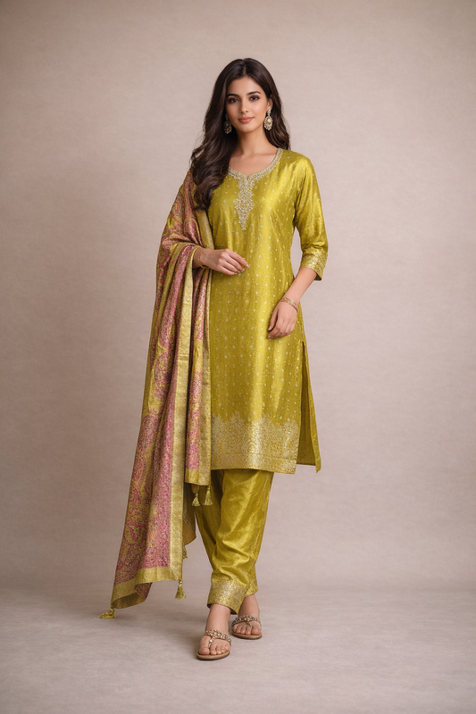 Mustard Yellow Silk Kurta Pant Set with Zari Embroidery