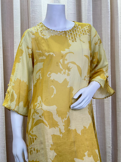 Mustard Yellow & Cream Abstract Print Cotton Kurta Set