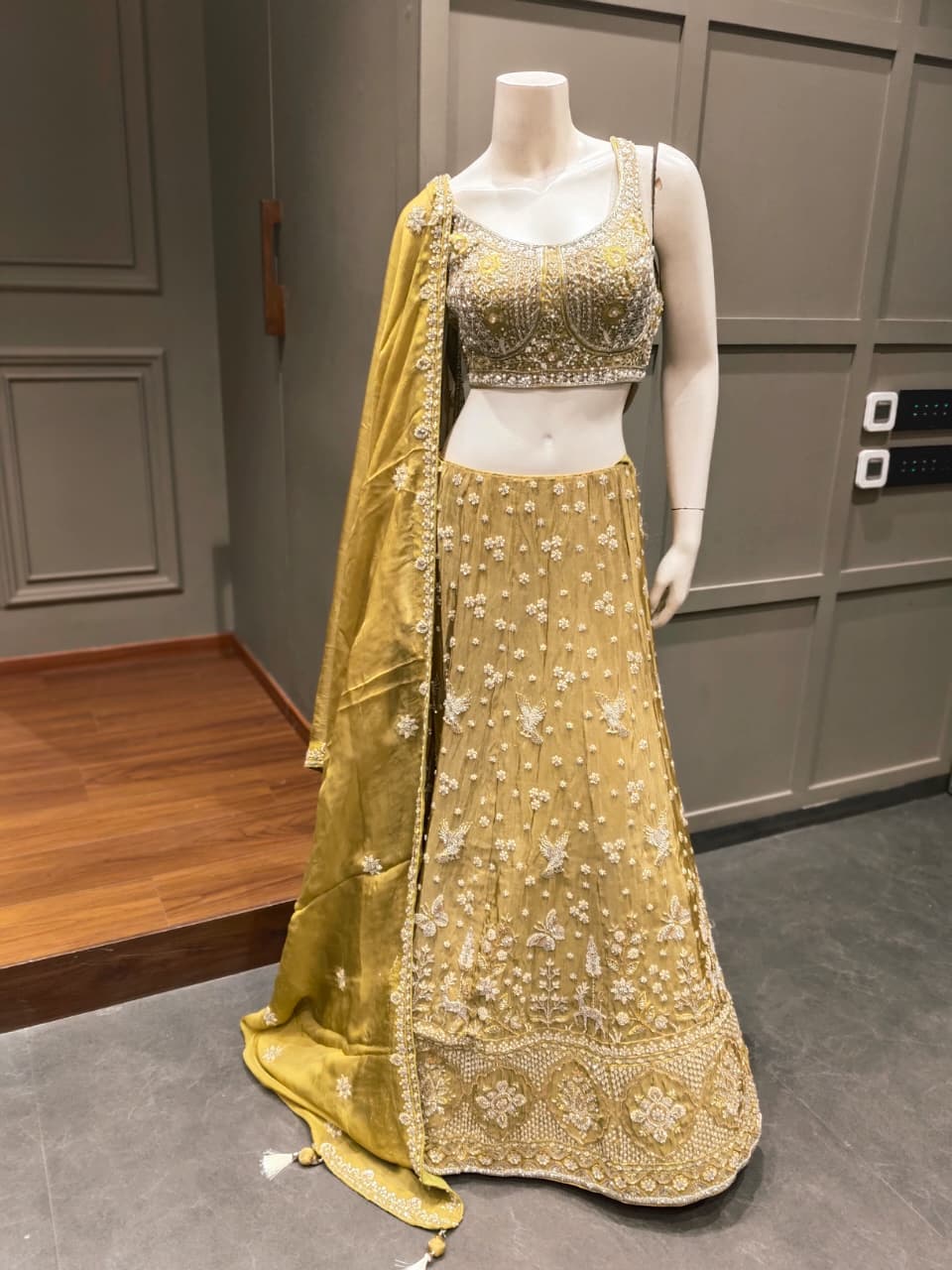 Mustard Yellow and Gold Embroidered Designer Lehenga Choli with Dupatta
