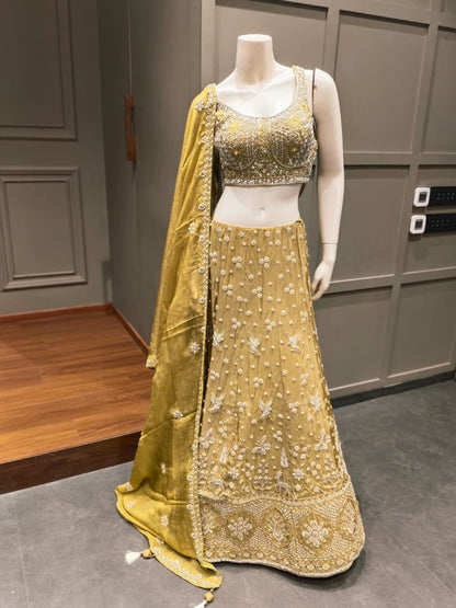 Mustard Yellow and Gold Embroidered Designer Lehenga Choli with Dupatta