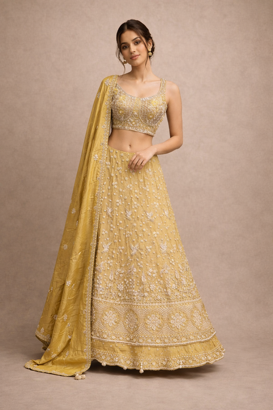 Mustard Yellow and Gold Embroidered Designer Lehenga Choli with Dupatta