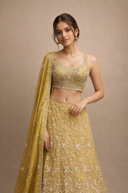 Mustard Yellow and Gold Embroidered Designer Lehenga Choli with Dupatta