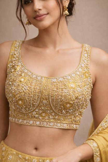 Mustard Yellow and Gold Embroidered Designer Lehenga Choli with Dupatta