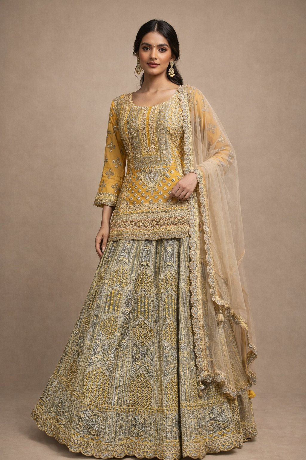 Mustard Yellow and Olive Green Heavy Embroidered Lehenga Set