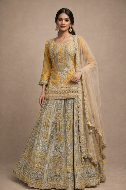 Mustard Yellow and Olive Green Heavy Embroidered Lehenga Set