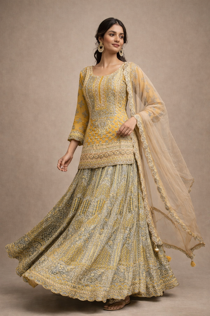 Mustard Yellow and Olive Green Heavy Embroidered Lehenga Set