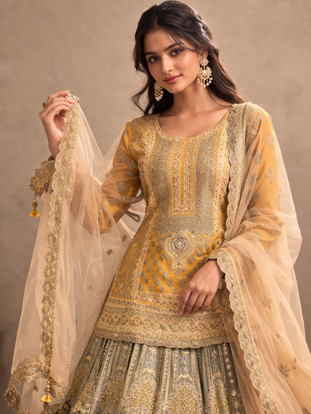 Mustard Yellow and Olive Green Heavy Embroidered Lehenga Set
