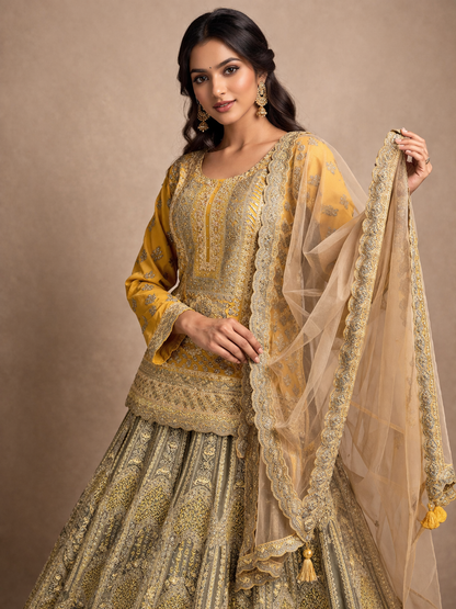 Mustard Yellow and Olive Green Heavy Embroidered Lehenga Set