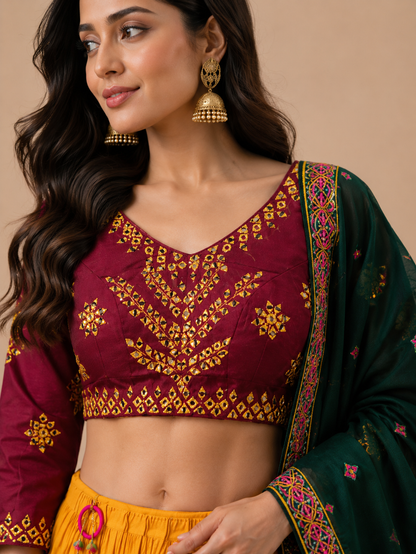 Mustard Yellow and Wine Mirror Work Gujarati Chaniya Choli