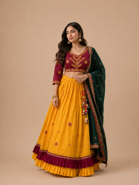 Mustard Yellow and Wine Mirror Work Gujarati Chaniya Choli