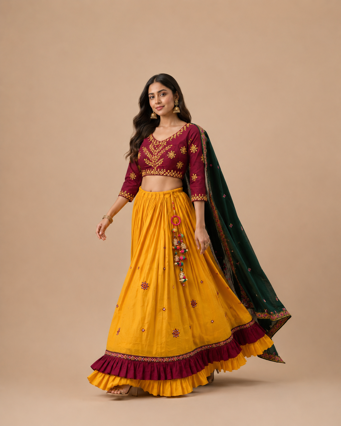 Mustard Yellow and Wine Mirror Work Gujarati Chaniya Choli