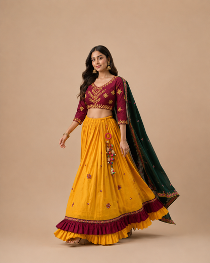 Mustard Yellow and Wine Mirror Work Gujarati Chaniya Choli