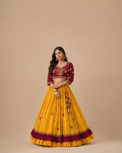 Mustard Yellow and Wine Mirror Work Gujarati Chaniya Choli