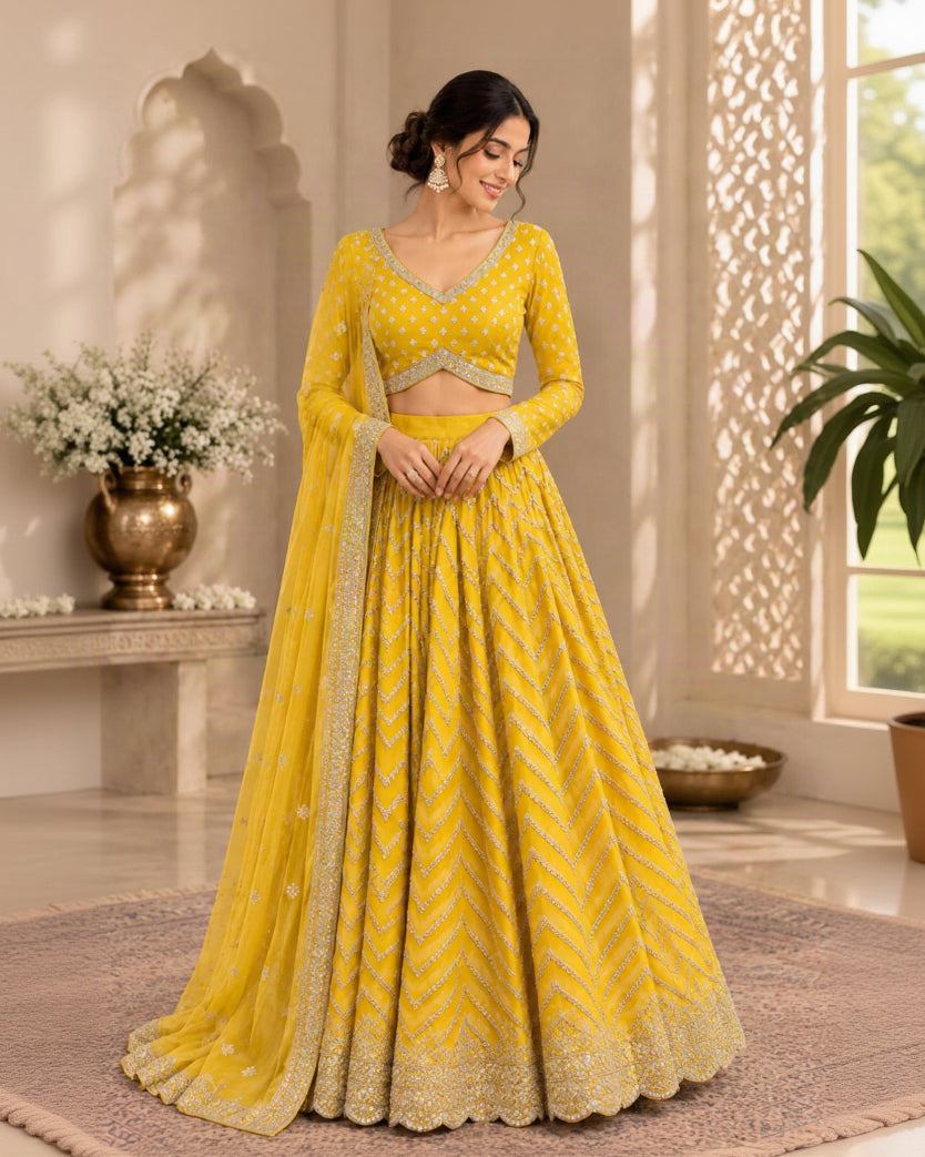 Mustard Yellow Embroidered Lehenga Choli Set with Chevron Sequin Work, Full-Sleeve Blouse & Scalloped Border