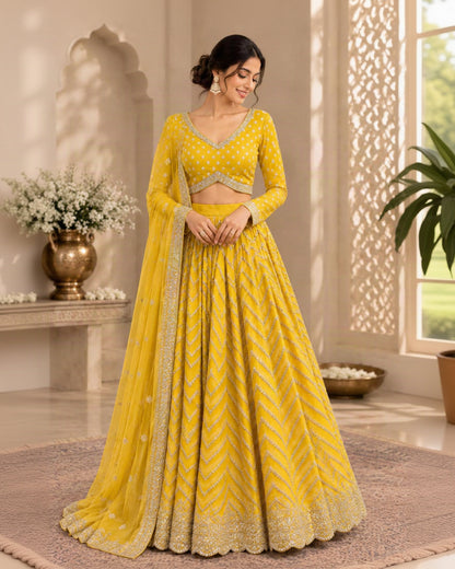 Mustard Yellow Embroidered Lehenga Choli Set with Chevron Sequin Work, Full-Sleeve Blouse & Scalloped Border