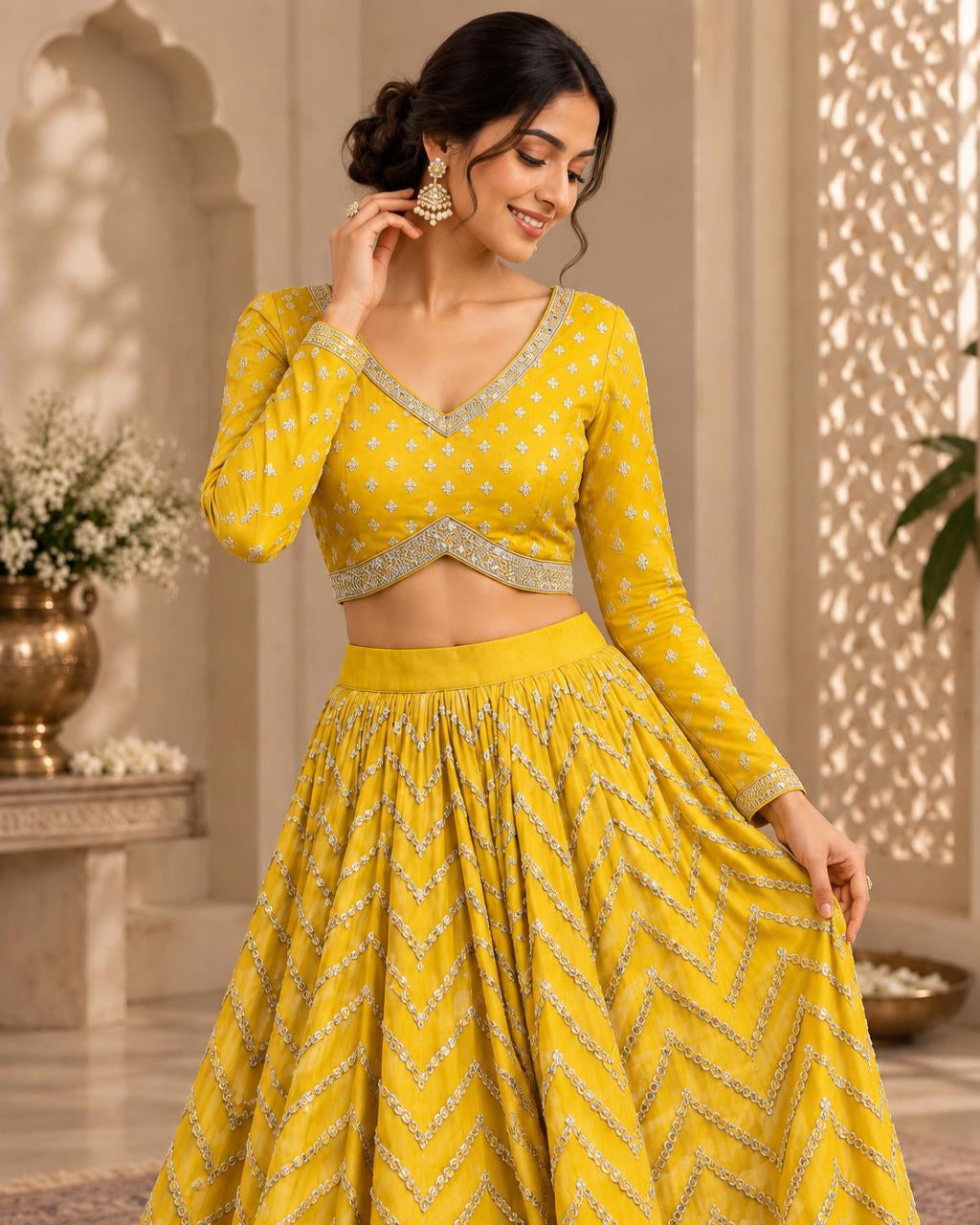 Mustard Yellow Embroidered Lehenga Choli Set with Chevron Sequin Work, Full-Sleeve Blouse & Scalloped Border
