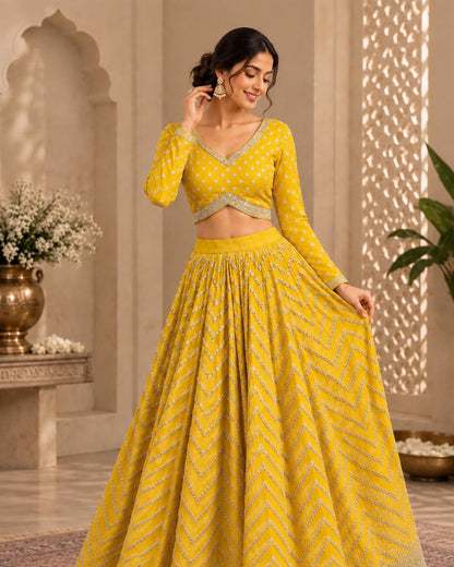 Mustard Yellow Embroidered Lehenga Choli Set with Chevron Sequin Work, Full-Sleeve Blouse & Scalloped Border