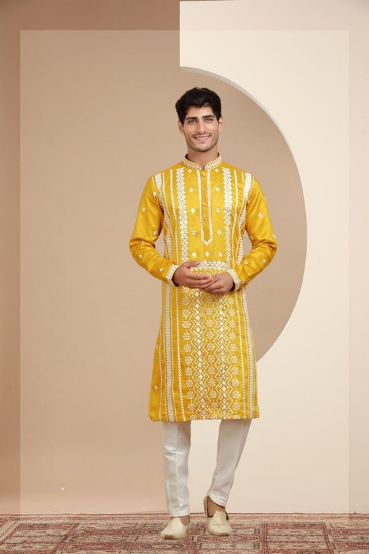 Mustard Yellow Mirror And Thread Embroidered Kurta Set