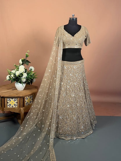 Muted Gold Embroidered Lehenga with Floral Sequin Detailing