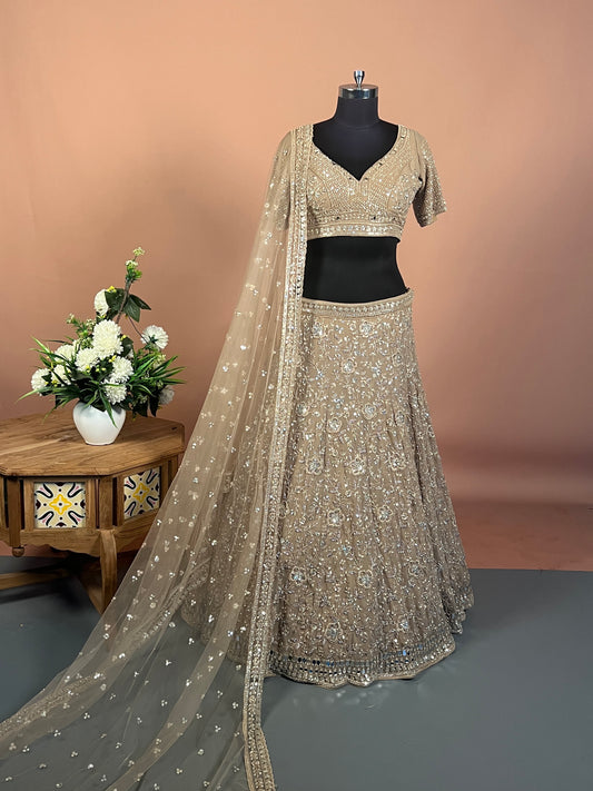 Muted Gold Embroidered Lehenga with Floral Sequin Detailing