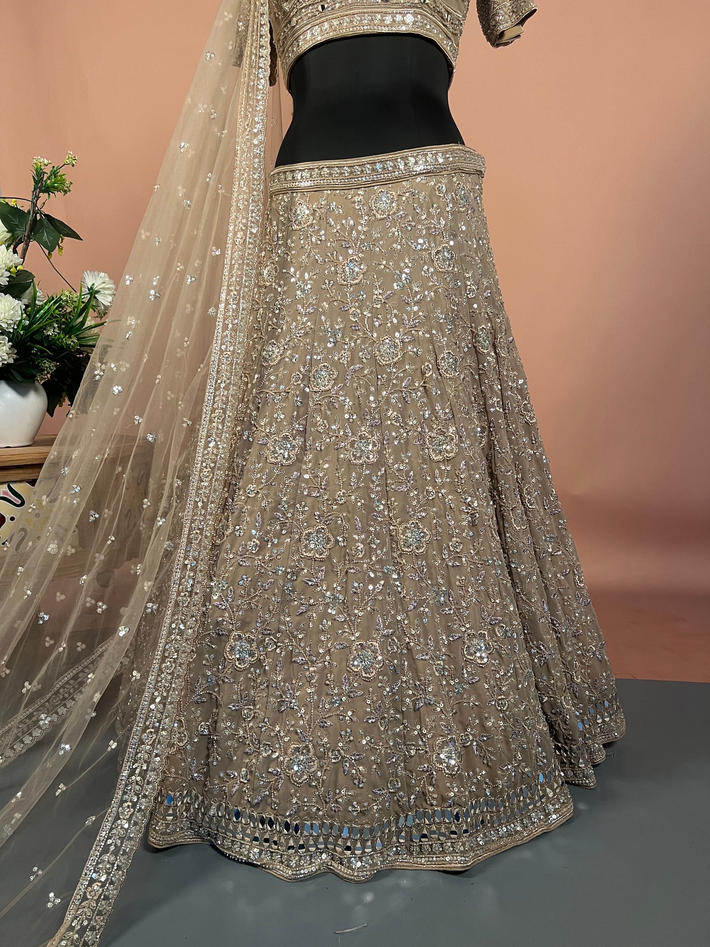 Muted Gold Embroidered Lehenga with Floral Sequin Detailing