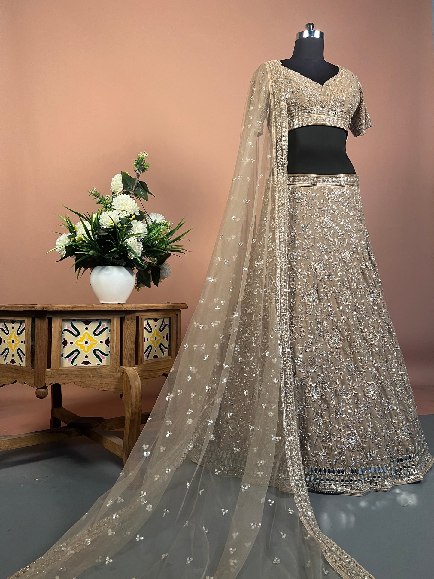 Muted Gold Embroidered Lehenga with Floral Sequin Detailing
