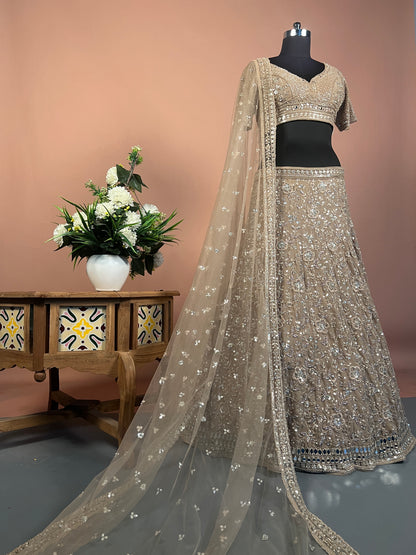 Muted Gold Embroidered Lehenga with Floral Sequin Detailing