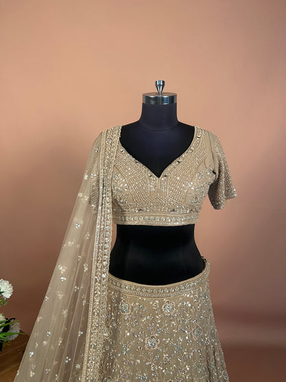 Muted Gold Embroidered Lehenga with Floral Sequin Detailing
