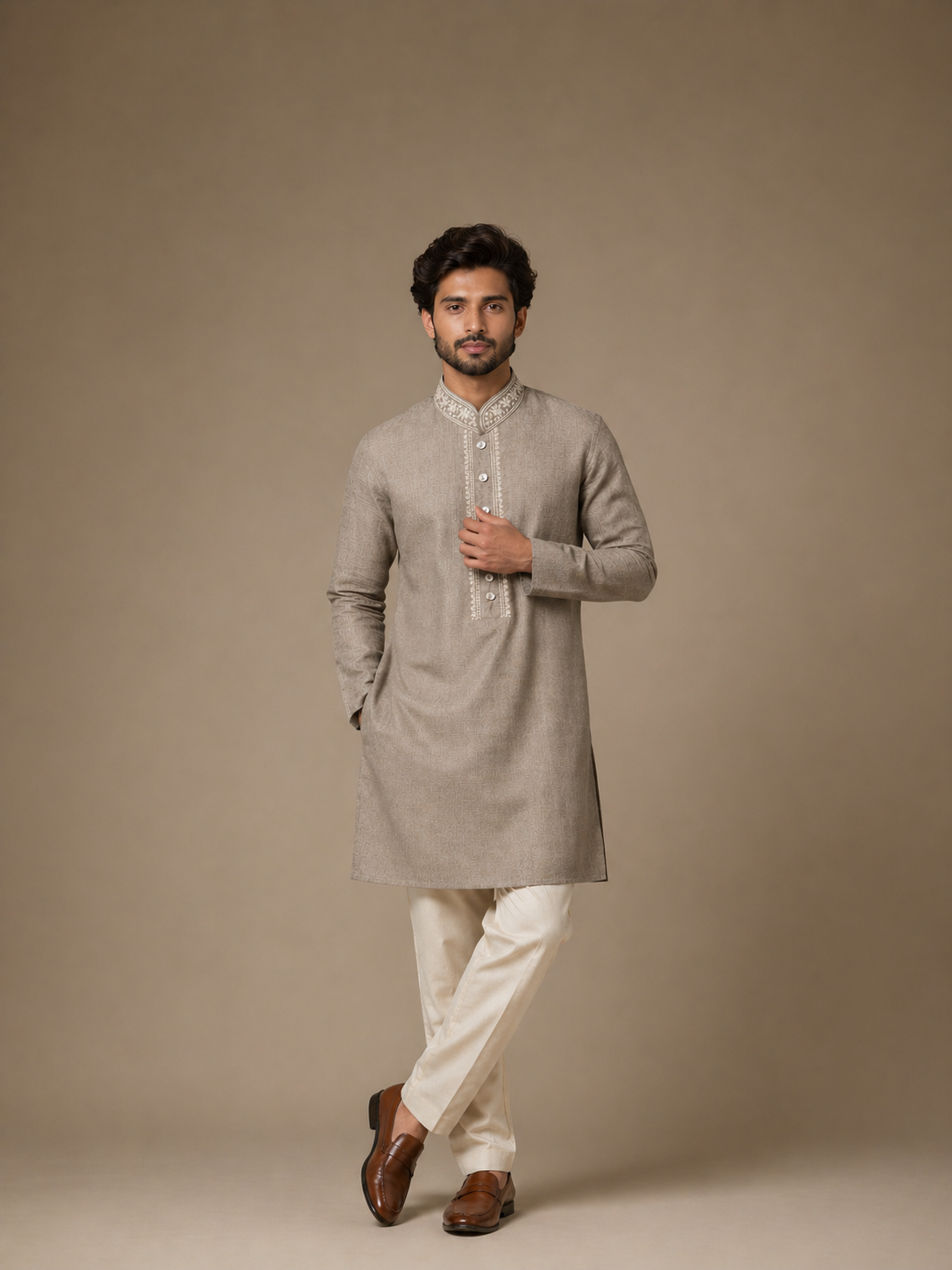 Natural Titanium Linen Embroidered Men's Kurta Set with Straight Fit Pants