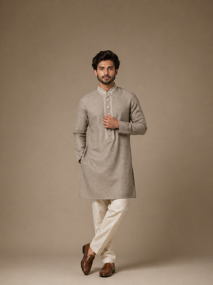 Natural Titanium Linen Embroidered Men's Kurta Set with Straight Fit Pants