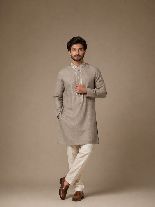 Natural Titanium Linen Embroidered Men's Kurta Set with Straight Fit Pants