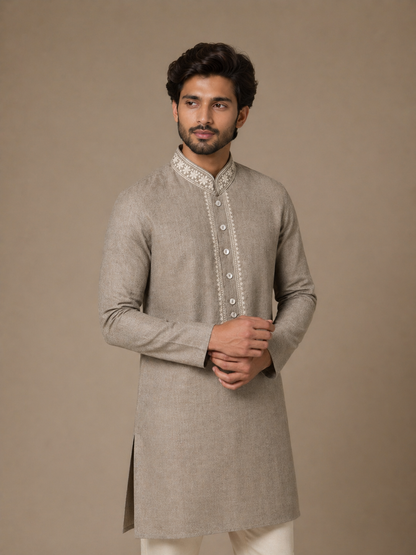 Natural Titanium Linen Embroidered Men's Kurta Set with Straight Fit Pants