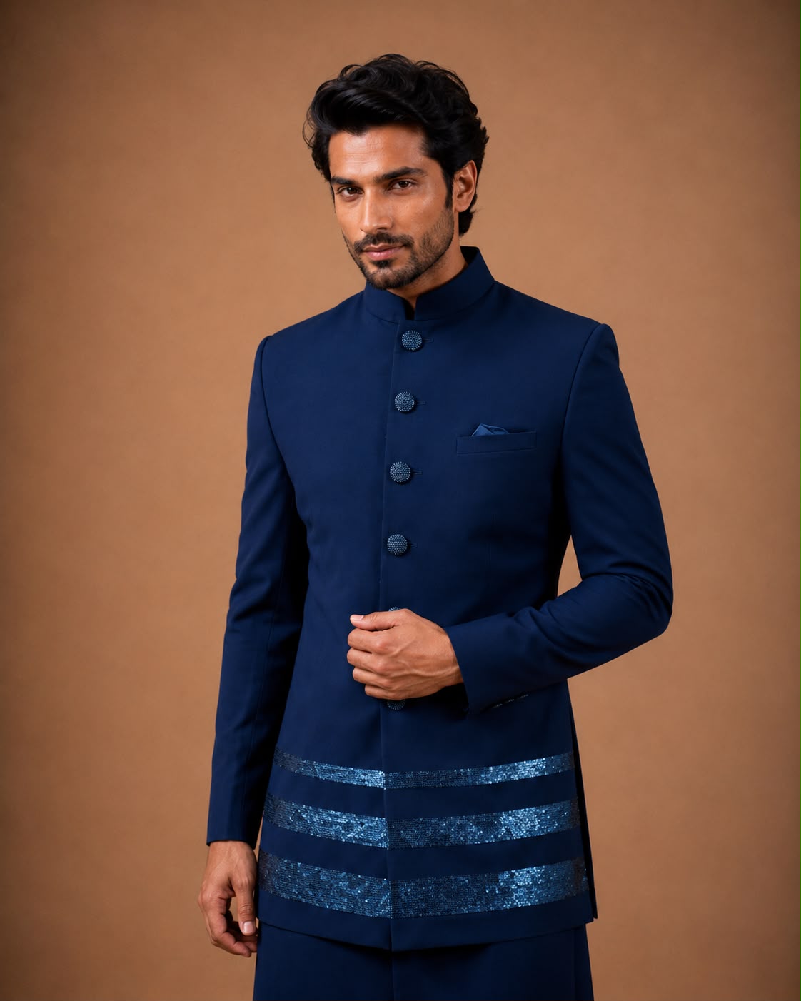 Navy Blue Designer Indo Western Set for Men with Sequin Stripe Embellishments