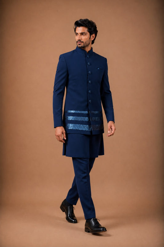 Navy Blue Designer Indo Western Set for Men with Sequin Stripe Embellishments