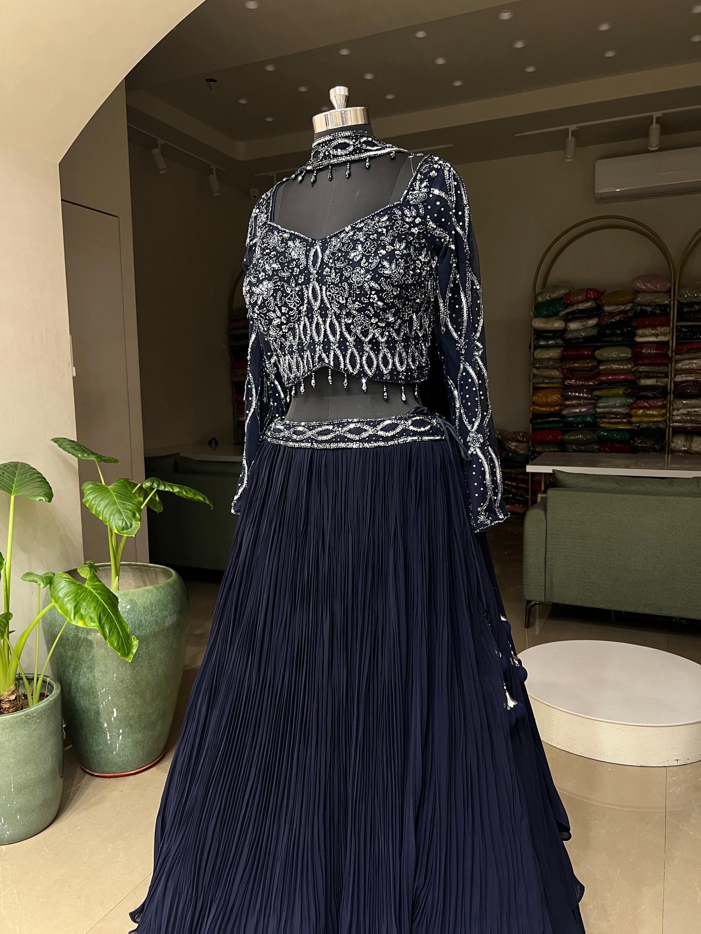 Navy Blue Embellished Crop Top with Tiered Pleated Skirt