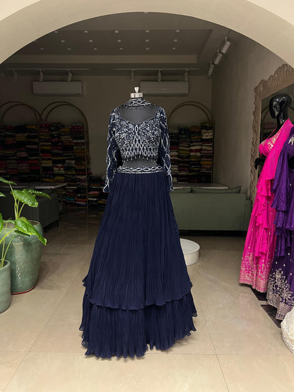 Navy Blue Embellished Crop Top with Tiered Pleated Skirt