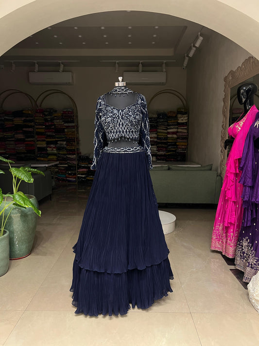 Navy Blue Embellished Crop Top with Tiered Pleated Skirt