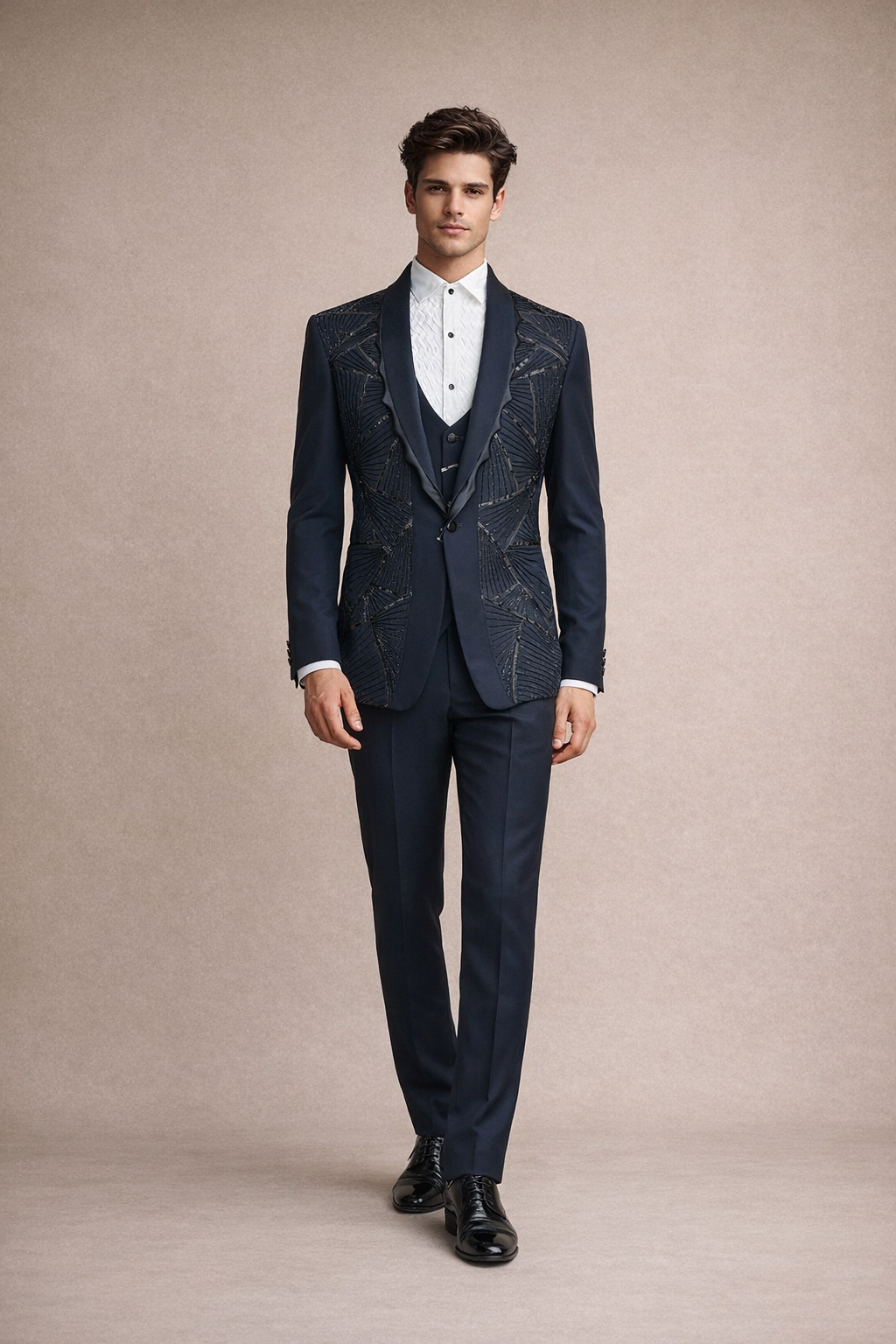 Navy Blue Embellished Tuxedo Suit