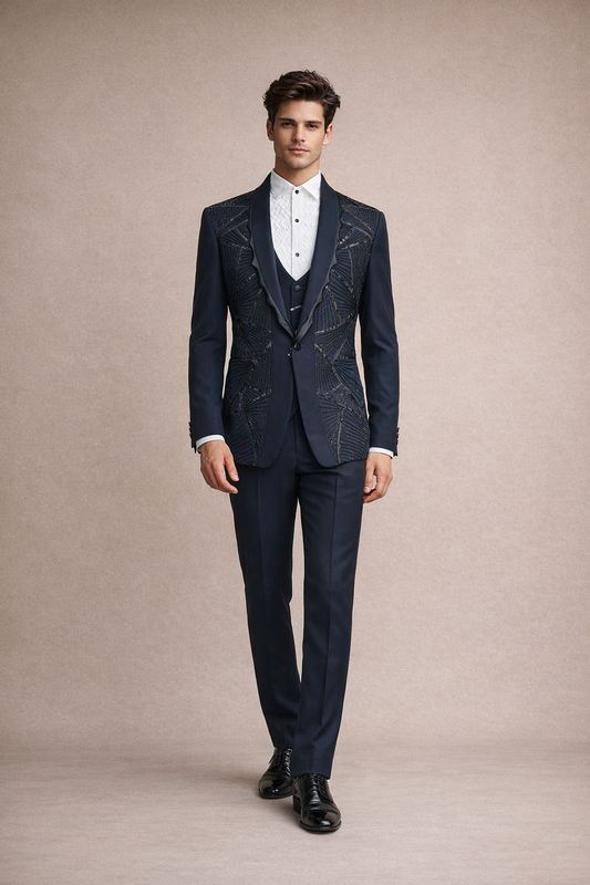Navy Blue Embellished Tuxedo Suit