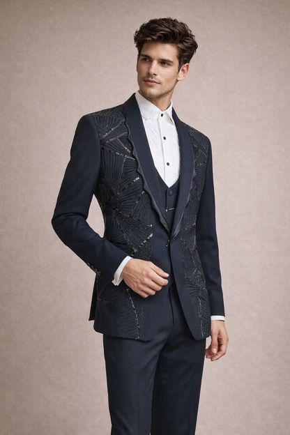 Navy Blue Embellished Tuxedo Suit