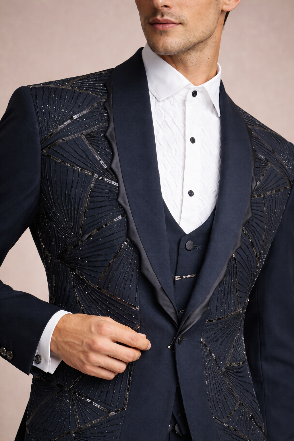 Navy Blue Embellished Tuxedo Suit