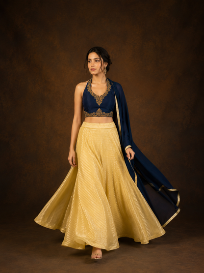 Navy Blue Embroidered Halter Blouse with Golden Crush Tissue Lehenga