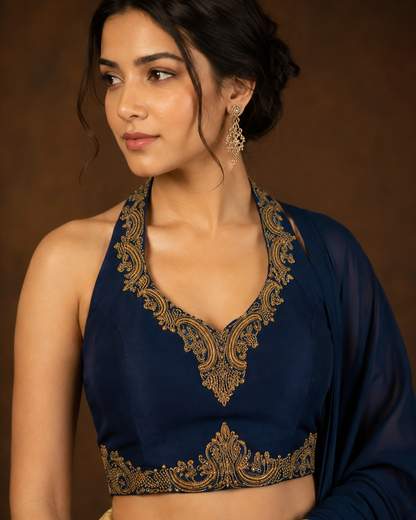 Navy Blue Embroidered Halter Blouse with Golden Crush Tissue Lehenga