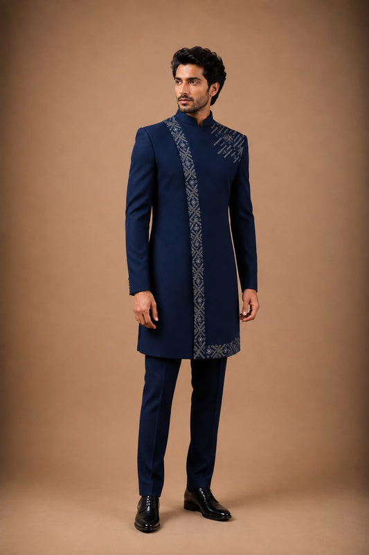 Navy Blue Embroidered Indo Western Set for Men with Designer Thread Work