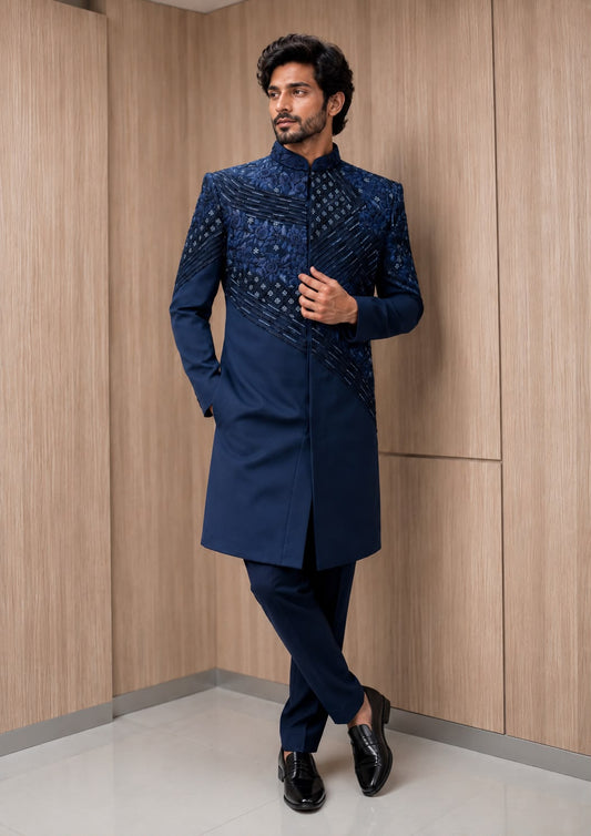Navy Blue Embroidered Indo Western with Asymmetric Design and Floral Threadwork
