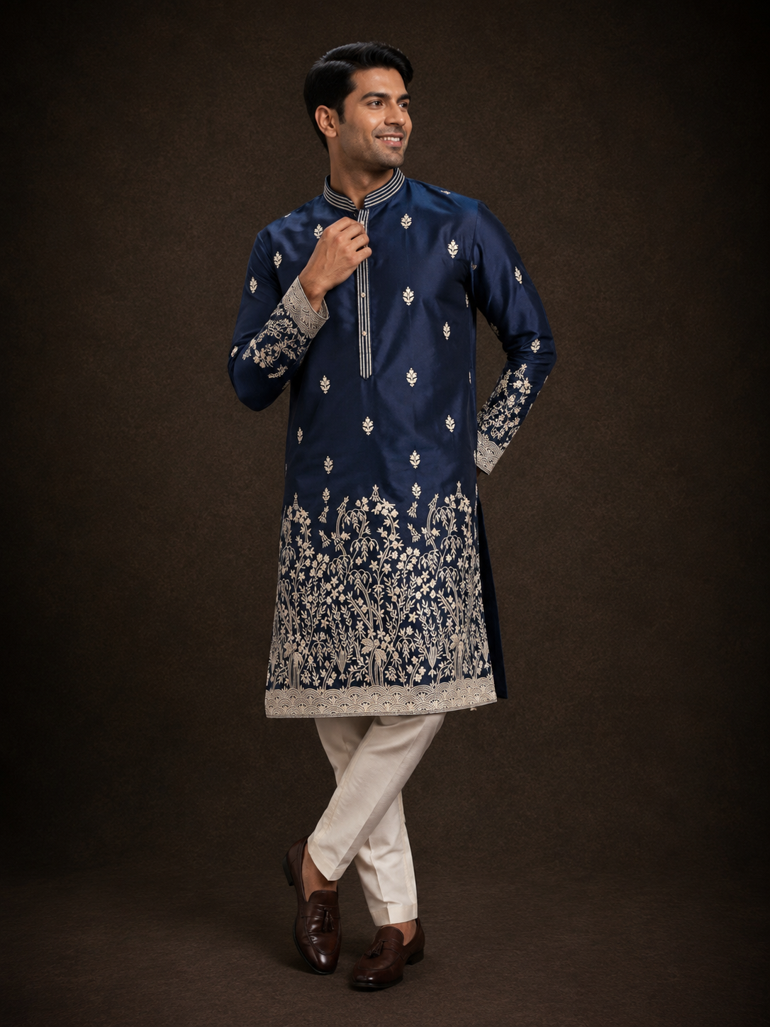 Navy Blue Embroidered Kurta for Men with Floral Vine Border Design