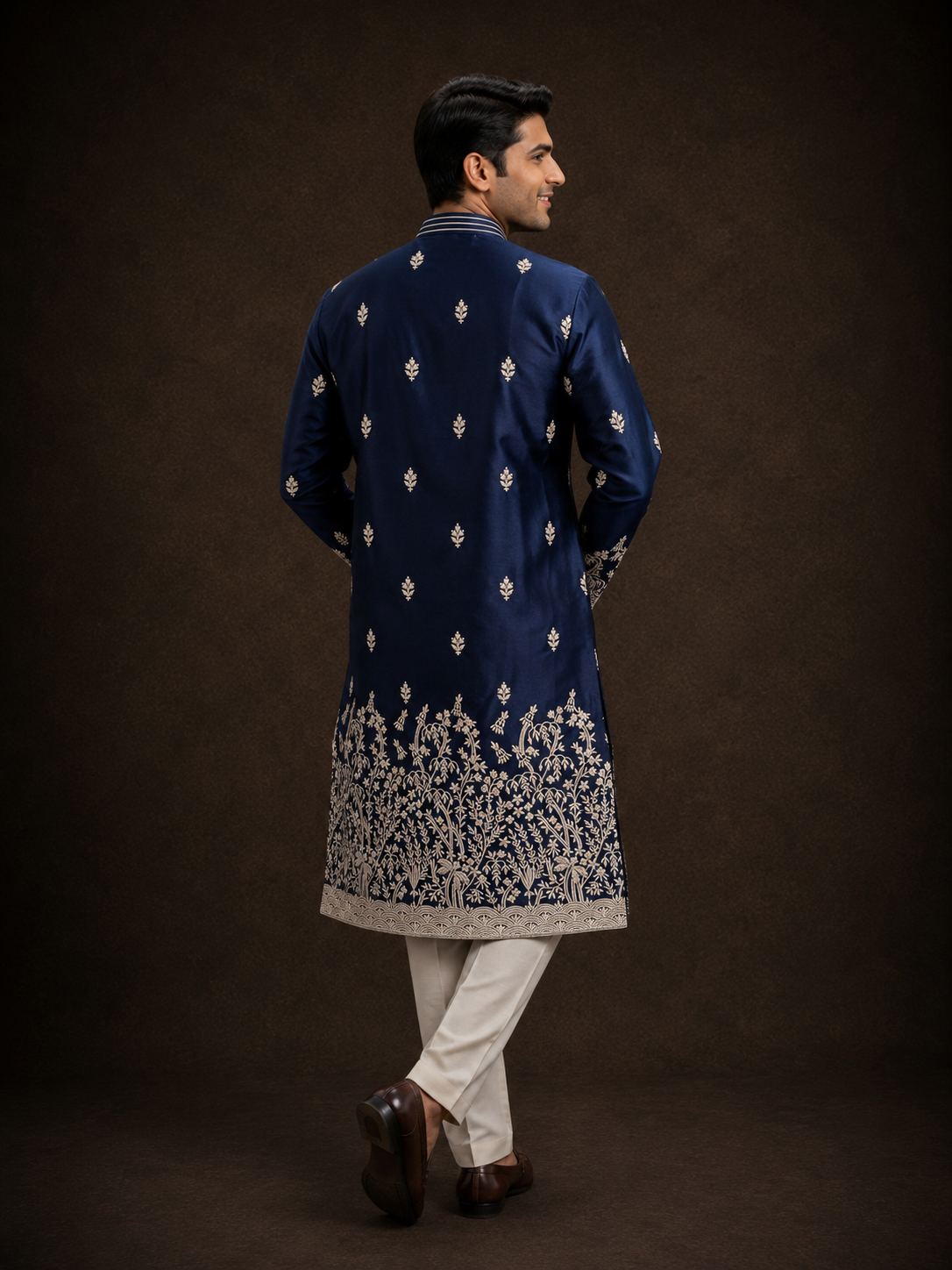 Navy Blue Embroidered Kurta for Men with Floral Vine Border Design