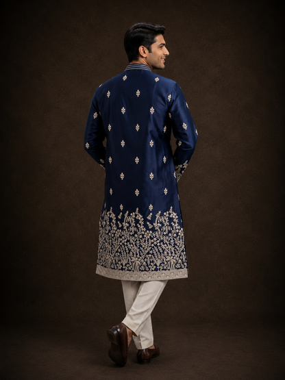 Navy Blue Embroidered Kurta for Men with Floral Vine Border Design