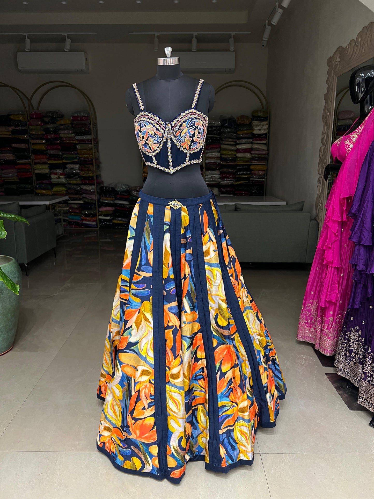 Navy Blue Floral Printed Lehenga Set with Embroidered Blouse and Jacket