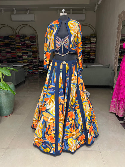Navy Blue Floral Printed Lehenga Set with Embroidered Blouse and Jacket